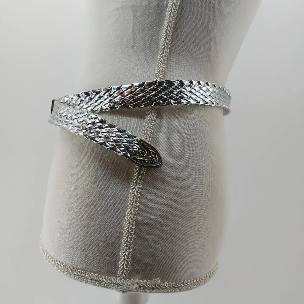 Vintage Womens Small Medium Silver Metallic Braided Belt Disco Festival